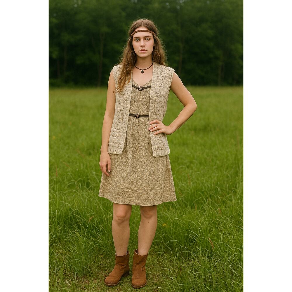 Vintage Cream chunky knit tan sweater Eclectic Grandpa vest Size L‎